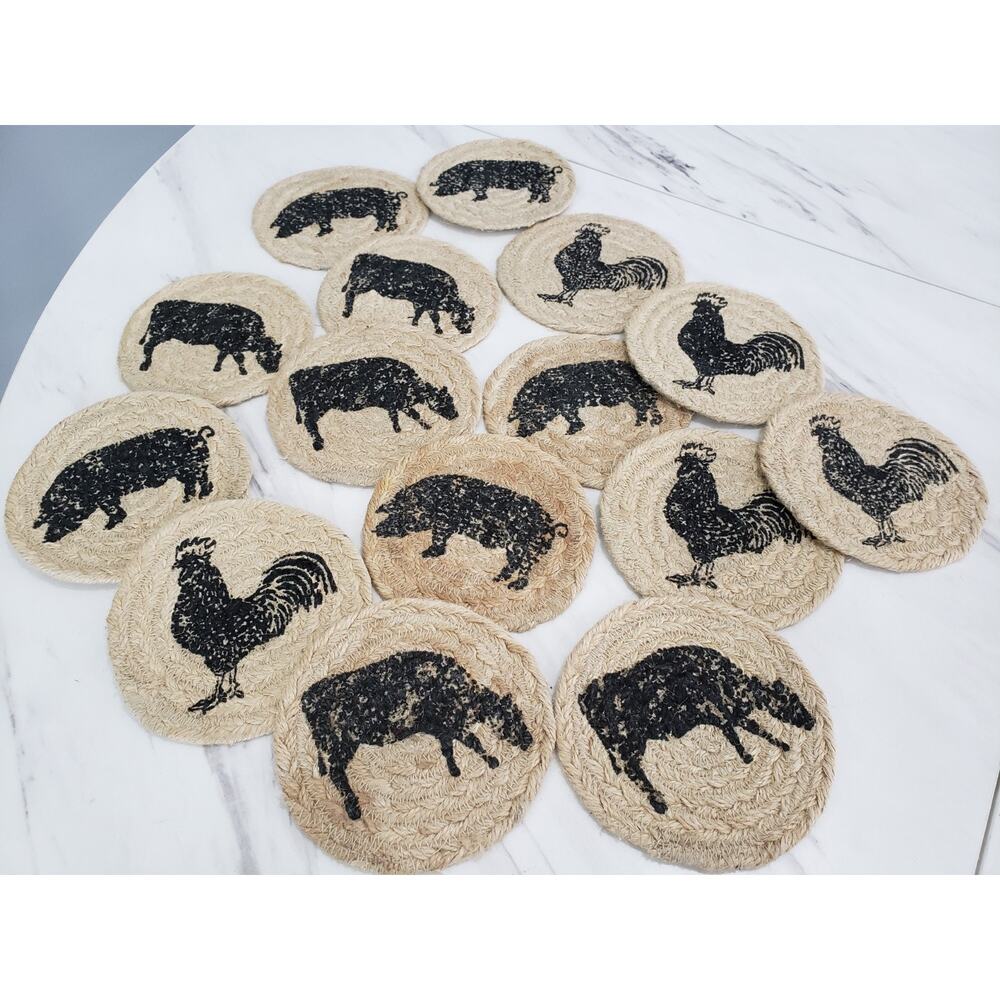 VHC Brand Coasters Cumberland Jute Rustic 4in Set of 15 Cow Chicken Pig Hen Farm